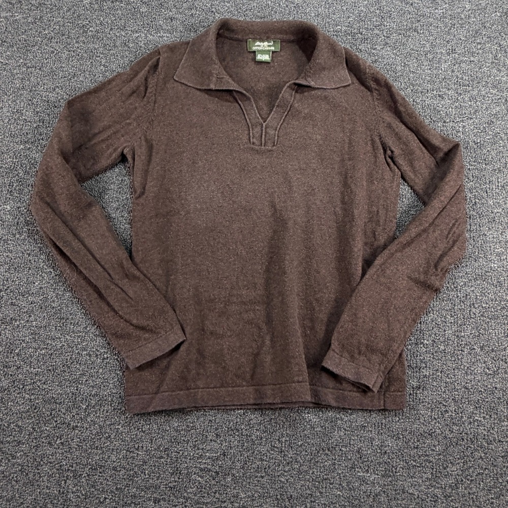 Eddie Bauer Sweater Womens S Cotton Cashmere Brown Johnny Collar EUC